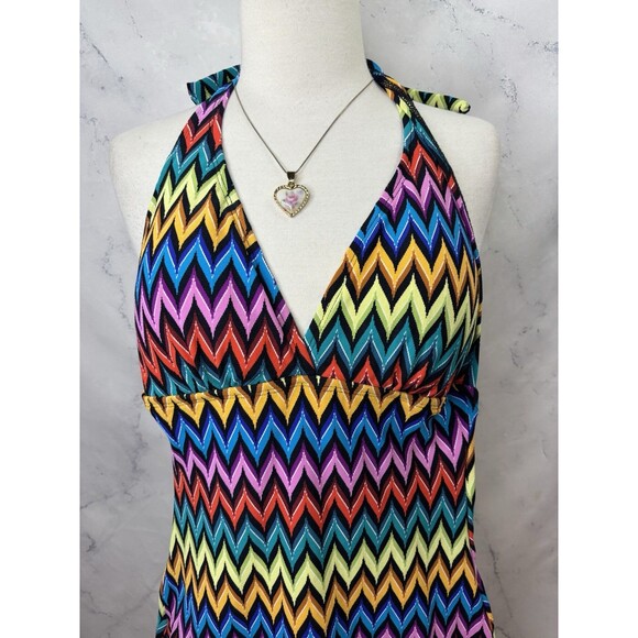 Vintage Popina Swim Swimsuit Halter SZ M Rainbow Chevron Pin Up Retro Women's - Picture 10 of 12